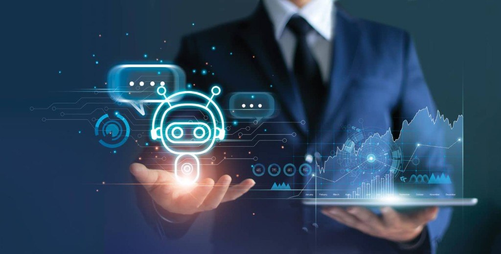 AI consultant presenting chatbot and business data concepts with holographic digital tools